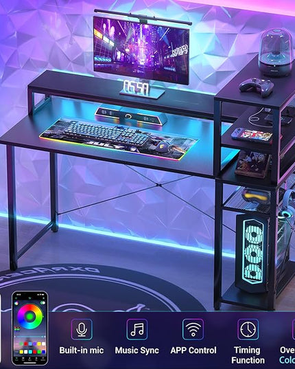 Small Gaming Desk with Storage, 39" Computer Desk with LED Lights, Home Office Desk with Adjustable Shelves & Power Outlets, Gaming Computer Desk with Monitor Stand for Small Spaces, Black - LeafyLoom