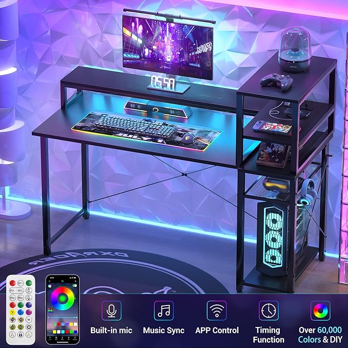 Small Gaming Desk with Storage, 39" Computer Desk with LED Lights, Home Office Desk with Adjustable Shelves & Power Outlets, Gaming Computer Desk with Monitor Stand for Small Spaces, Black - LeafyLoom