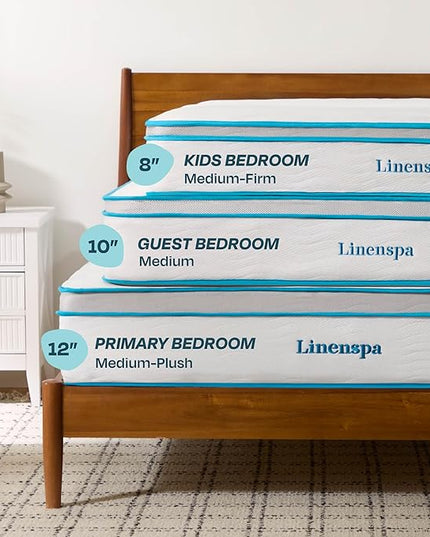 Linenspa 12 Inch Memory Foam and Spring Hybrid Mattress - Medium Plush Feel - Bed in a Box - Pressure Relief and Adaptive Support - Breathable - Cooling - Primary Bedroom - Full Size - LeafyLoom