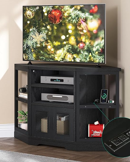 YITAHOME Corner TV Stand for TVs up to 55/50 Inch with Power Outlet, Modern Farmhouse Entertainment Center, Wood TV Media Console with Storage Cabinets Shelves for Living Room, 47" Black - LeafyLoom