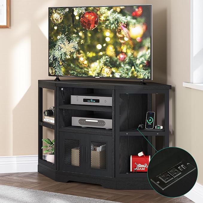 YITAHOME Corner TV Stand for TVs up to 55/50 Inch with Power Outlet, Modern Farmhouse Entertainment Center, Wood TV Media Console with Storage Cabinets Shelves for Living Room, 47" Black - LeafyLoom