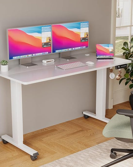 Electric Standing Desk 55 Inch, Ergonomic Height Adjustable Table with T-Shaped Metal Bracket Modern Computer Workstations for Home Office, White - LeafyLoom
