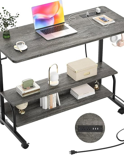 Height Adjustable Standing Desk with Power Outlets, 39" Manual Stand Up Desk with Storage Shelves Small Mobile Rolling Computer Desk Portable Laptop Table with Wheels for Home Office, Grey Oak - LeafyLoom