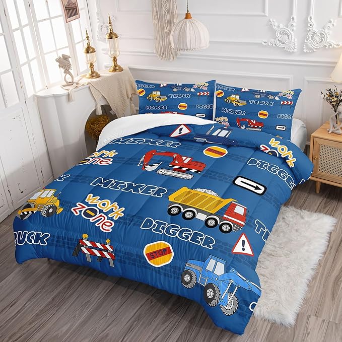 Kids Comforter Set Butterfly Printed Pattern Bedding Set with 1 Comforter and 2 Pillowcases for Girls Boys Bedroom All Season(Truck Queen) - LeafyLoom