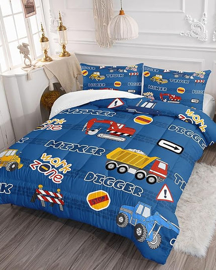 Datura home Kids Comforter Set Butterfly Printed Pattern Bedding Set with 1 Comforter and 2 Pillowcases for Girls Boys Bedroom All Season(Truck Full) - LeafyLoom