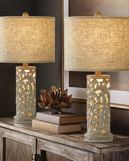 OYEARS 3-Way Dimmable 22'' USB A+C Touch Control Table Lamp Set of 2 with Nightlight for Living Room Bedroom Farmhouse Bedside Nightstand Lamps (Bulb Included) - LeafyLoom