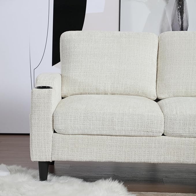 77.36" Modern Chenelle Polyester Sectional Sofa,L-Shaped Couch with Storage Ottoman,3 Seat Interior Furniture W/Pockets and Both Armrests Contain Cup Holders,for Dorm,Apartment,Studio,Beige - LeafyLoom