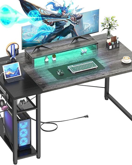 47.2'' Gaming Desk with LED, 47 Computer Desk with Outlets, Small Desk for Small Space, Simple Study Student Writing Desk with Monitor Stand, Laptop Table for Home Office, Grey and Black - LeafyLoom