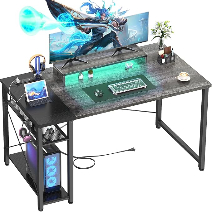 47.2'' Gaming Desk with LED, 47 Computer Desk with Outlets, Small Desk for Small Space, Simple Study Student Writing Desk with Monitor Stand, Laptop Table for Home Office, Grey and Black - LeafyLoom