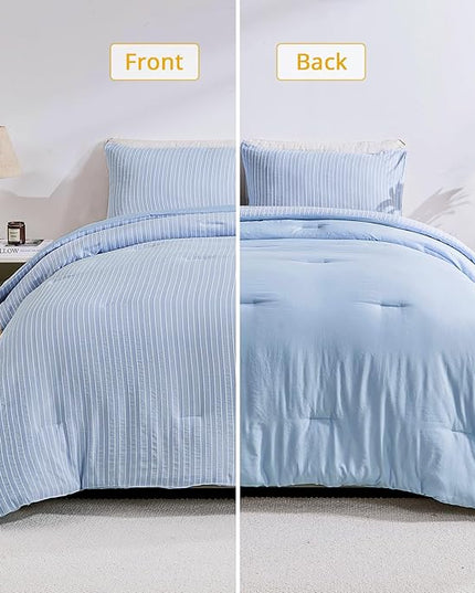 ENCOFT Light Blue Comforters King Size, 3 Piece White and Blue Striped Comforter Set, Soft Microfiber Lightweight Boho Comforter Bedding Set for All Seasons, with 2 Pillowcases, 104x90 Inches - LeafyLoom