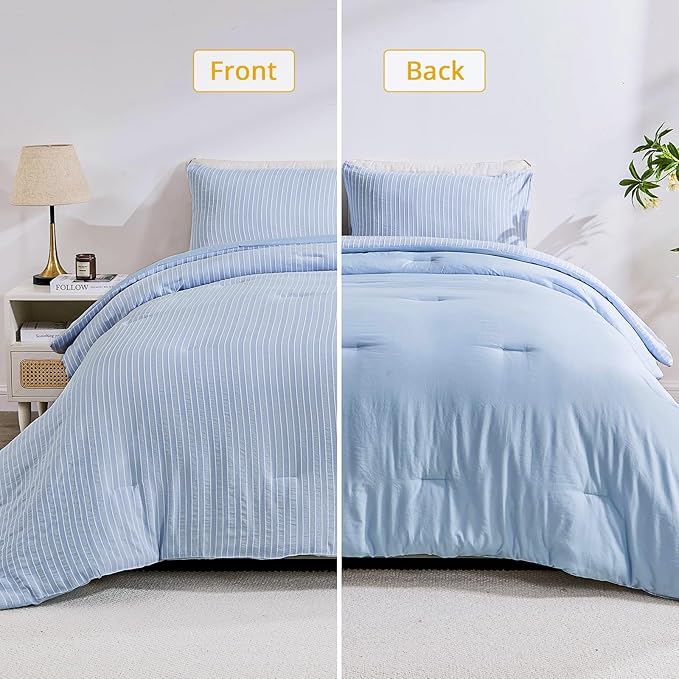 ENCOFT Light Blue Comforters King Size, 3 Piece White and Blue Striped Comforter Set, Soft Microfiber Lightweight Boho Comforter Bedding Set for All Seasons, with 2 Pillowcases, 104x90 Inches - LeafyLoom