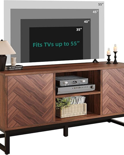 YITAHOME TV Cabinet for 55 Inch TV, Mid Century Modern TV Stand with Storage Cabinet & Adjustable Shelf, Entertainment Cabinet Media TV Console with Natural Oak Finish for Living Room, Walnut - LeafyLoom