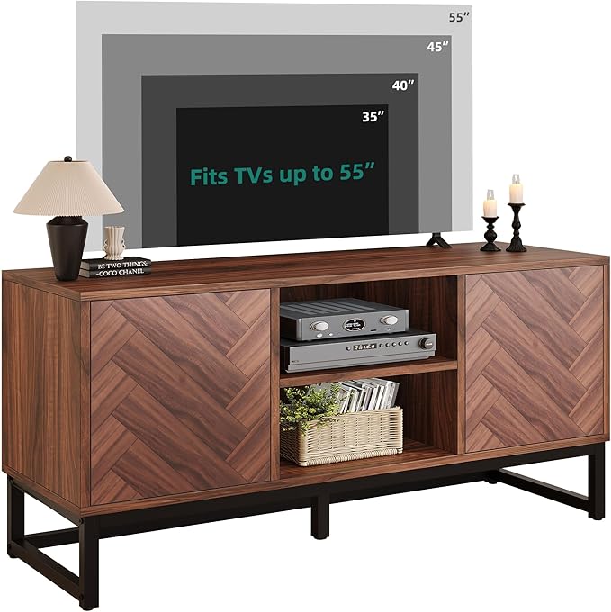 YITAHOME TV Cabinet for 55 Inch TV, Mid Century Modern TV Stand with Storage Cabinet & Adjustable Shelf, Entertainment Cabinet Media TV Console with Natural Oak Finish for Living Room, Walnut - LeafyLoom