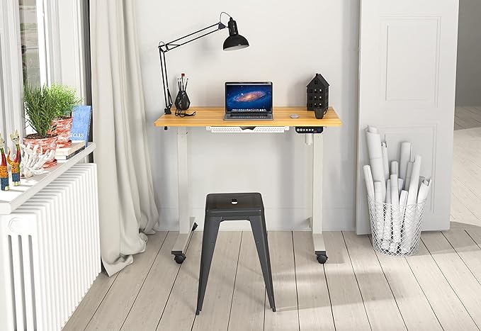SHW Small Electric Height Adjustable Mobile Sit Stand Desk with Drawer, Hanging Hooks and Cable Management, 40 x 24 Inches, Oak - LeafyLoom