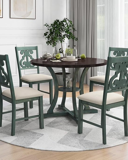 5-Piece Round Dining Set, Include Solid Wood Table with Storage Shelf, Special-shaped Legs and an Exquisitely Designed Upholstered Chair for Diningroom, Living Room, Kitchen, Antique Blue - LeafyLoom