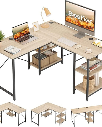 Bestier L Shaped Desk with Shelves 86.6 Inch Reversible Corner Computer Desk or 2 Person Long Table for Home Office Large Gaming Writing Storage Workstation P2 Board with 3 Cable Holes, Oak - LeafyLoom