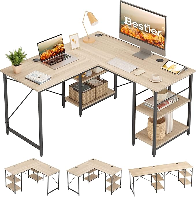 Bestier L Shaped Desk with Shelves 86.6 Inch Reversible Corner Computer Desk or 2 Person Long Table for Home Office Large Gaming Writing Storage Workstation P2 Board with 3 Cable Holes, Oak - LeafyLoom