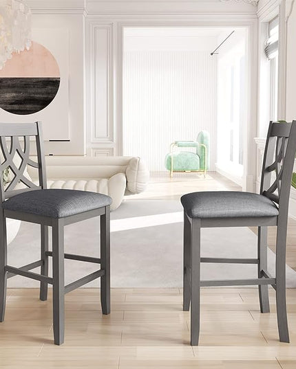 Dining Room Table Set, Wood Round Counter Height Kitchen Table Set with Drop Leaf Table, One Shelf and 2 Cross Back Padded Chairs, 3 Piece Dining Table Set for Small Places, Grey - LeafyLoom