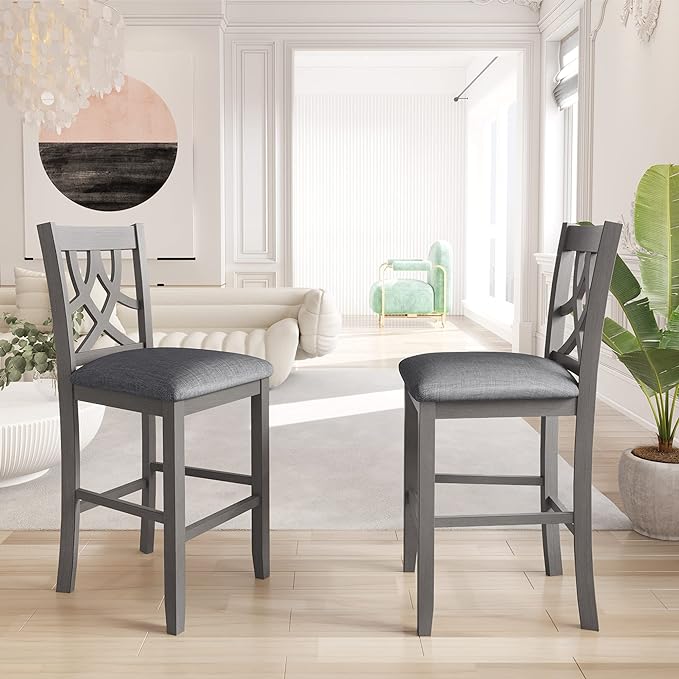 Dining Room Table Set, Wood Round Counter Height Kitchen Table Set with Drop Leaf Table, One Shelf and 2 Cross Back Padded Chairs, 3 Piece Dining Table Set for Small Places, Grey - LeafyLoom
