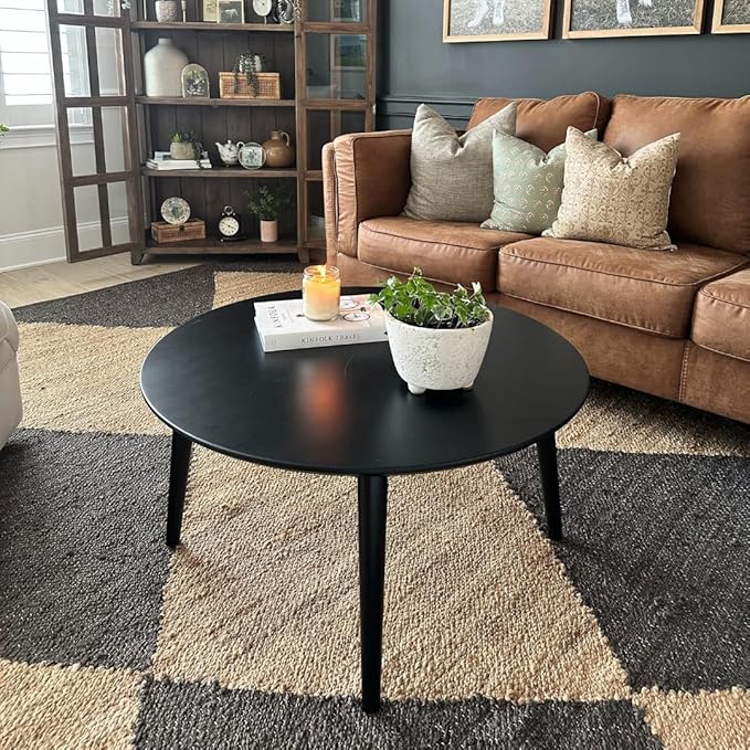 Plank+Beam Mid Century Modern Coffee Table, 36 Inch Wood Coffee Tables for Living Room, Round Center Table, Cocktail Table for Small Spaces, Black - LeafyLoom