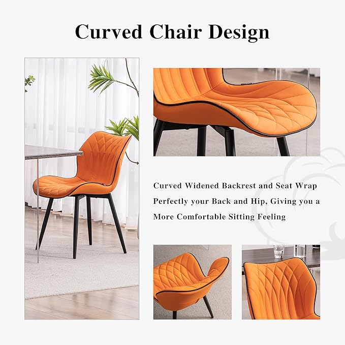 YOUNIKE Dining Chairs, Upholstered Faux Leather Kitchen Dining Room Chairs Set of 2, Modern Living Room Bedroom Side Chairs with Curved Wing Back and Adjustable Metal Legs, Orange - LeafyLoom