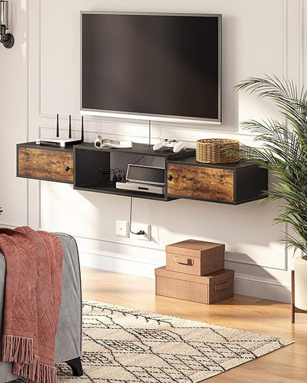 HOOBRO Floating TV Stand with Power Outlet 55", Modern Wall Mounted Media Console Shelf Cabinet for Under TV Storage, Entertainment Center, Living Room, Bedroom, Rustic Brown and Black BF11DS01 - LeafyLoom