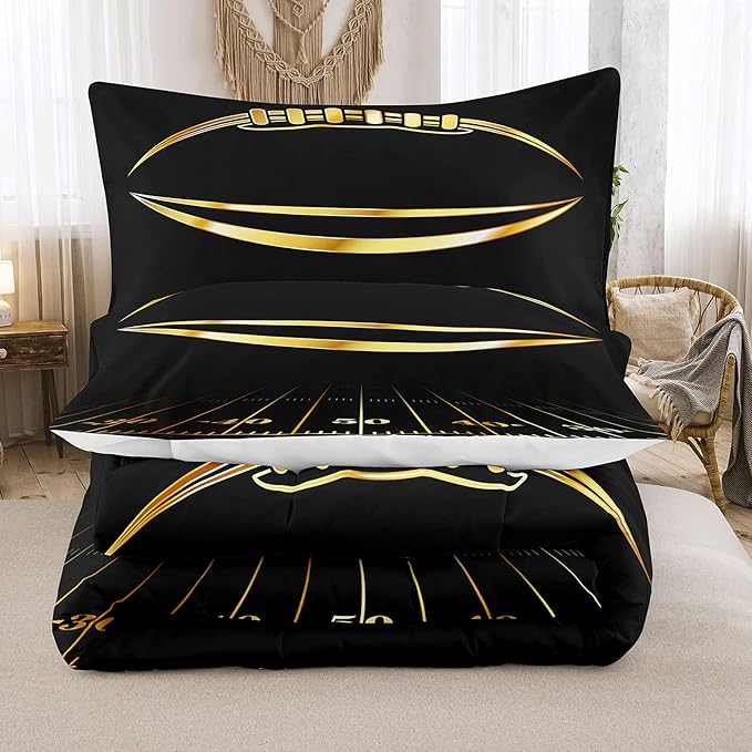 Bodhi Black and Gold Football Comforter Set King for Boys Kids Sport Comforter Football Bedding Set American Football Comforter with Pillowcase,Soft Football Quilt,King Size - LeafyLoom