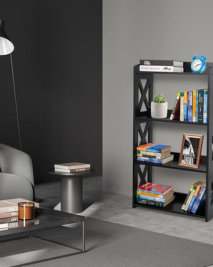Black Bookshelf, Natural Wood Bookshelf, 4 Tier Bookcase, Open Bookshelf, bookshelves Freestanding Display Storage Shelves for Bedroom, Living Room and Office (Black) - LeafyLoom