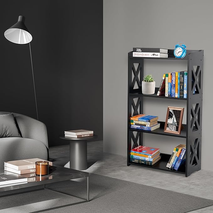 Black Bookshelf, Natural Wood Bookshelf, 4 Tier Bookcase, Open Bookshelf, bookshelves Freestanding Display Storage Shelves for Bedroom, Living Room and Office (Black) - LeafyLoom