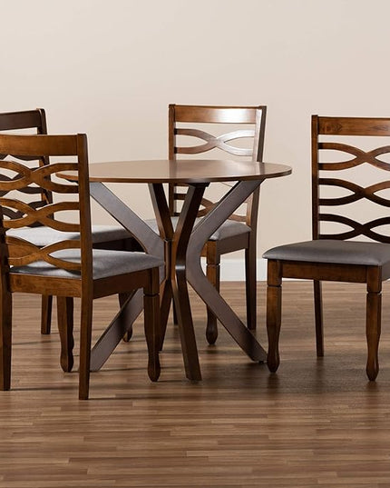 Baxton Studio Mila Modern and Contemporary Grey Fabric Upholstered and Walnut Brown Finished Wood 5-Piece Dining Set - LeafyLoom