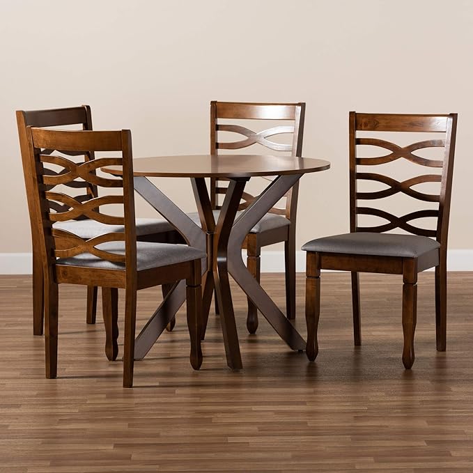 Baxton Studio Mila Modern and Contemporary Grey Fabric Upholstered and Walnut Brown Finished Wood 5-Piece Dining Set - LeafyLoom
