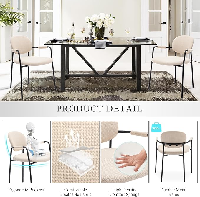 COLAMY Boucle Dining Chairs Set of 4, Fabric Dining Chairs Set of 4 with Arms, Upholstered Dining Armchairs with Back for Kitchen,Dining Room, Beige - LeafyLoom