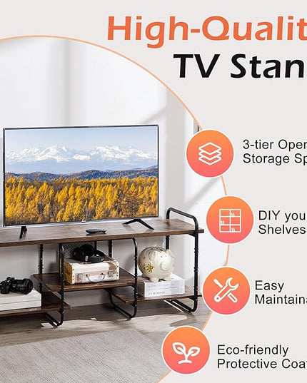 VECELO, Entertainment Center/Media Console Table with Adjustable Storage Shelves for Living Room/Bedroom, 55 inch TV Stand, Rustic Brown - LeafyLoom