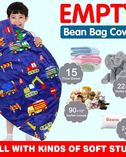Lukeight Stuffed Animal Storage Bean Bag Chair Cover for Kids, Zipper Beanbag Chair Cover for Organizing Toddler & Kids' Rooms Plush Toys (Excavator Velvet, X-Large) - LeafyLoom