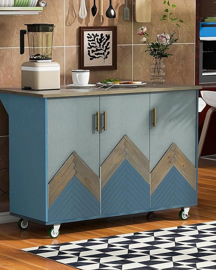 Retro Mountain Wood 47" D Rolling Island with Drop Leaf, Farmhouse Cart on Wheels with Internal Storage Towel Rack for Kitchen, Dining Room, Navy Blue, 51.57 Inch - LeafyLoom
