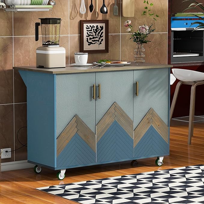 Retro Mountain Wood 47" D Rolling Island with Drop Leaf, Farmhouse Cart on Wheels with Internal Storage Towel Rack for Kitchen, Dining Room, Navy Blue, 51.57 Inch - LeafyLoom