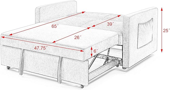 3 in 1 Sleeper Sofa Bed,Contemporary Minimalist Style 2 Seater Loveseat Convertible Sofa&Couch with Pull Out Sofabed and Side Storage Pockets for Home,Office,Apartment,RV Living Room Furniture - LeafyLoom