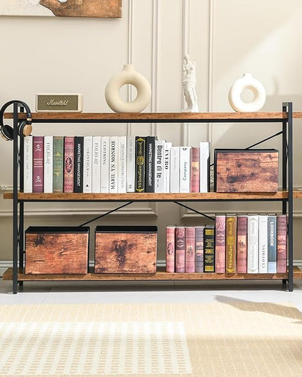 HCHQHS Bookshelf, 3-Tier Long Industrial Bookcase, Rustic Open Book Shelf, Freestanding Horizontal Bookshelves with Metal Frame - LeafyLoom