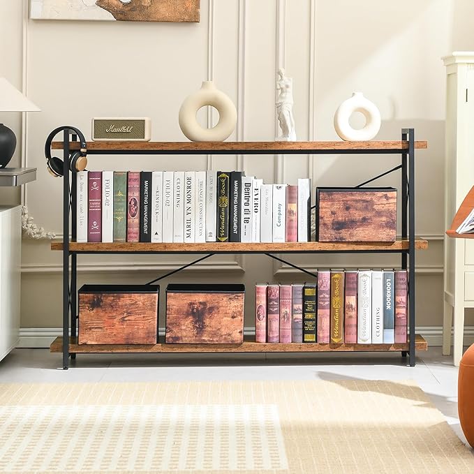 HCHQHS Bookshelf, 3-Tier Long Industrial Bookcase, Rustic Open Book Shelf, Freestanding Horizontal Bookshelves with Metal Frame - LeafyLoom