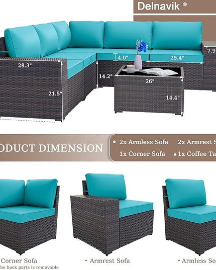 Patio Furniture Set Sofa 6-Piece Wicker PE Rattan Sectional Sofa Set, Outdoor Furniture Patio Conversation Sofa Set with Glass Coffee Table, Blue - LeafyLoom