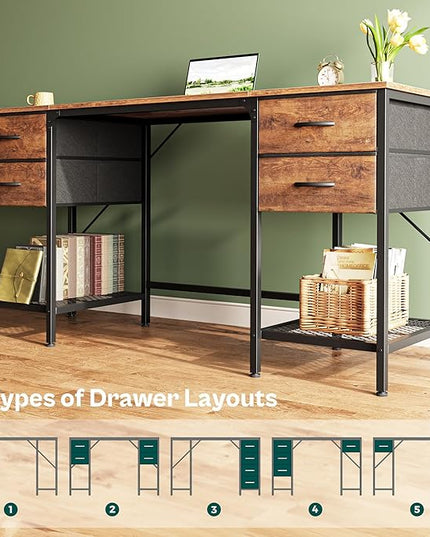 63 Inch Computer Desk with 4 Drawers, Office Desk with Mesh Shelf, Gaming Desk, Large Storage, Writing Desk Work Desk for Home Office, Study, Bedroom, Work from Home, Rustic Brown - LeafyLoom