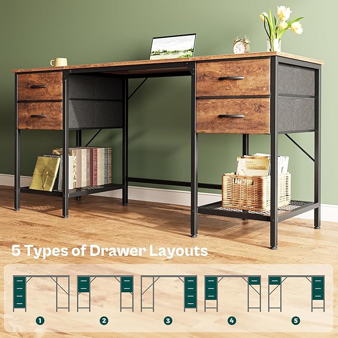 63 Inch Computer Desk with 4 Drawers, Office Desk with Mesh Shelf, Gaming Desk, Large Storage, Writing Desk Work Desk for Home Office, Study, Bedroom, Work from Home, Rustic Brown - LeafyLoom