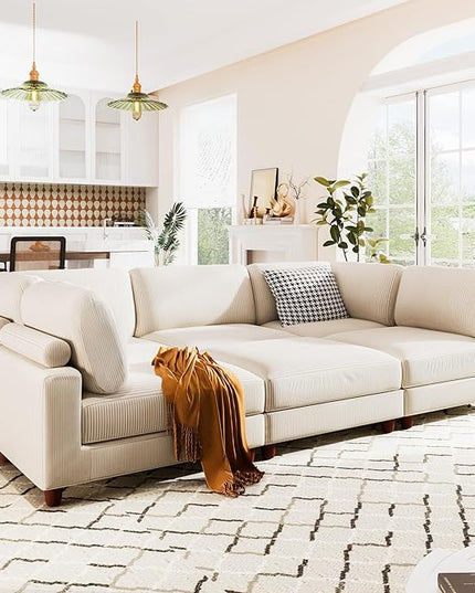 163.8" Large L Shaped Modular Sectional Sofa with Ottoman, 6-Seater Upholstered Combination Corner Couch for Living Room Office Spacious Space Furniture Sets, Beige, 163.8 Inch - LeafyLoom