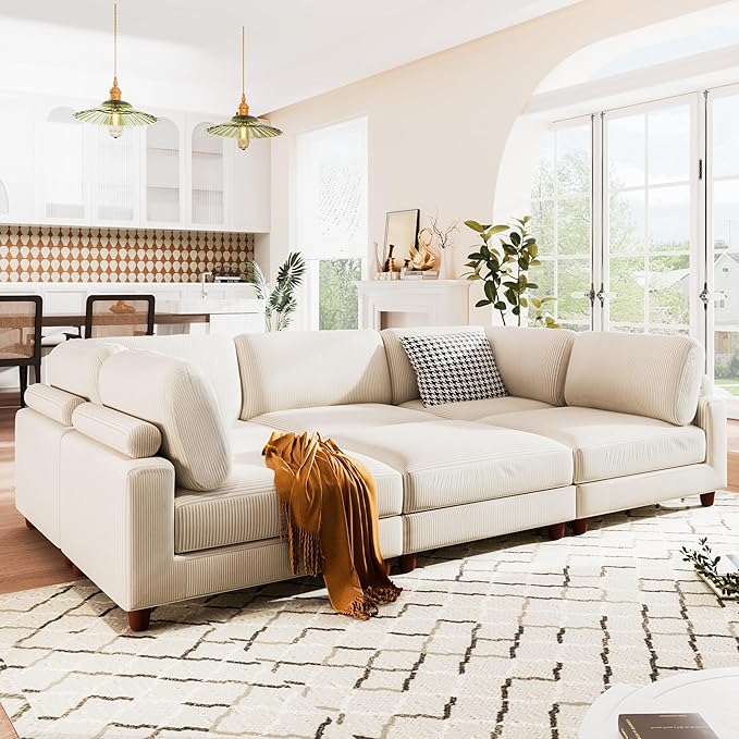 163.8" Large L Shaped Modular Sectional Sofa with Ottoman, 6-Seater Upholstered Combination Corner Couch for Living Room Office Spacious Space Furniture Sets, Beige, 163.8 Inch - LeafyLoom