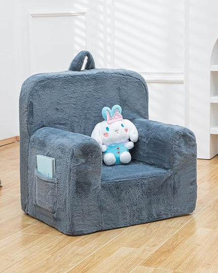 Snuggly-Soft Cuddly Toddler Plush Armchair for Boys and Girls Fuzzy Plush Kids Sofa Couch Reading Chair with Children Friendly Handle for Easy Movement & Double Pockets for Storage, Dark Grey - LeafyLoom