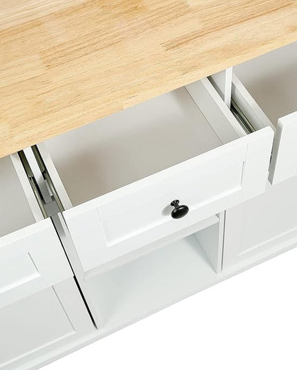 53" W Kitchen Island Table w/Cabinet and 3 Drawers, Spice Holder, Rolling Kitchen-Cart on 5 Wheelswith Rubber Wood Drop-Leaf Countertop & Internal Storage, for Dining Room, Cafe - LeafyLoom