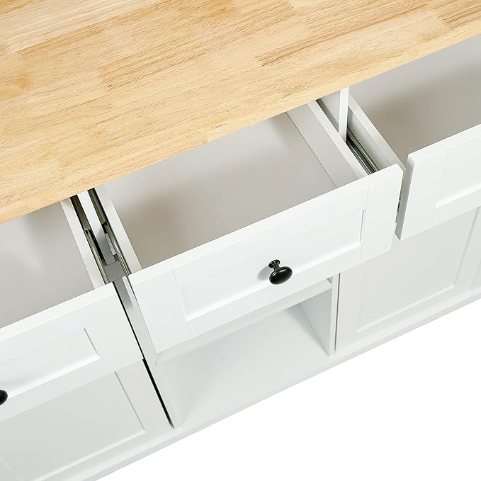 53" W Kitchen Island Table w/Cabinet and 3 Drawers, Spice Holder, Rolling Kitchen-Cart on 5 Wheelswith Rubber Wood Drop-Leaf Countertop & Internal Storage, for Dining Room, Cafe - LeafyLoom