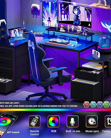 Unikito Reversible L Shaped Computer Desk with Fabric File Drawers, 70.8" Large Office Corner Desk with RGB LED Lights & Power Outlets & Monitor Stand & CPU Stand, Sturdy L Shape Gaming Desk, Black - LeafyLoom