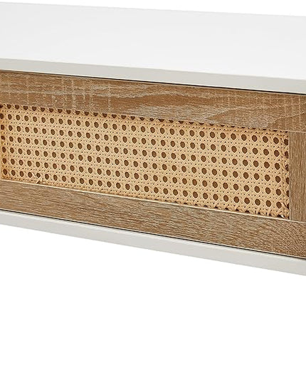 Rattan Coffee Table 40 Inch Mid Century Modern Coffee Table with Storage, Industrial Metal Rectangle Wood Center Table with Rattan Sliding Door for Living Room, White - LeafyLoom