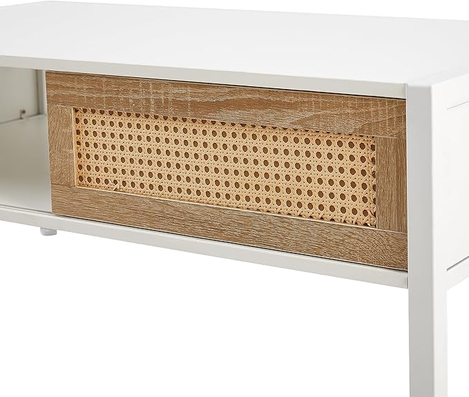 Rattan Coffee Table 40 Inch Mid Century Modern Coffee Table with Storage, Industrial Metal Rectangle Wood Center Table with Rattan Sliding Door for Living Room, White - LeafyLoom